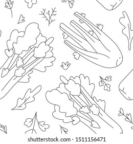 Seamless vector repeat pattern with fresh tasty organic vegetable celery with leaves and herb. Backdrop with vegetarian food ingredient Linear contour illustration for menu, wrapping paper, restaurant