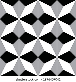 Seamless vector repeat pattern.
Geometric black, white and grey diamond and triangle background.
Architectural tiles swatch for kitchen or bathroom.
Interior design.