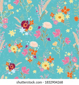 seamless vector repeat pattern, graphic flowers in rainbow colours on blue background