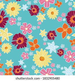 Seamless vector repeat pattern, graphic illustration of flowers in bright colours on a blue background in a retro style