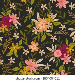 seamless vector repeat pattern, graphic floral elements in pink, purple, peach and beige on a black background