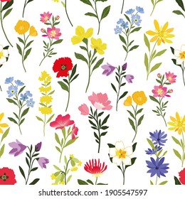 seamless vector repeat pattern with graphic wildflower elements arranged in a directional repeat on   a white background