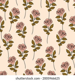 seamless vector repeat pattern with graphic style vintage roses on a light pink background