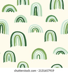 Seamless Vector Repeat Pattern With Green Tone Rainbows On Cream Background. Great For Irish Holiday St Patricks Day And Spring Projects