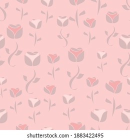 Seamless vector repeat pattern in grey, white and pink of sweet, gentle and simple flowers in a pale pink backdrop.
