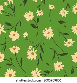 seamless vector repeat pattern, hand painted and vectorised daisies in white on a green background