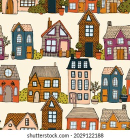 seamless vector repeat pattern with hand drawn houses and plants in an earthy colour palette on a light background