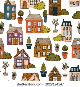 seamless vector repeat pattern with hand drawn houses and plants in earthy colours on a white background