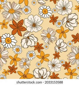 seamless vector repeat pattern with hand drawn floral elements in a retro style in shades of yellow, brown and beige on a light background