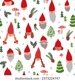 Seamless vector repeat pattern with hand drawn gnomes with different skin tones and woodland botanicals, trees, mushrooms on white. Modern cute versatile Christmas backdrop