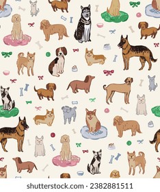 Seamless vector repeat pattern with hand dawn happy dogs of various breeds in natural dog colors on cream background, surrounded by bones and bows. Golden retriever, corgi, chihuahua, dachshund, pug.