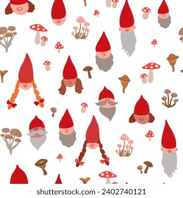 Seamless vector repeat pattern with hand drawn gnomes with different skin tones and red hats on white, surrounded by cute mushrooms. Modern cute versatile backdrop for Christmas, Valentines, kids.