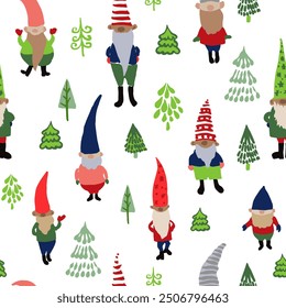 Seamless vector repeat pattern with hand drawn gnomes in pointy hats and green Christmas trees on white. Modern cute versatile backdrop for Christmas, kids wallpaper, fabric, packaging.