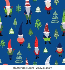 Seamless vector repeat pattern with hand drawn gnomes in pointy hats and green Christmas trees on navy blue. Modern cute versatile backdrop for Christmas, kids wallpaper, fabric, packaging.