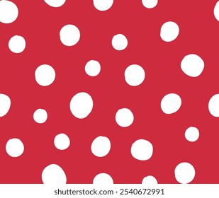 Seamless vector repeat pattern with hand drawn irregular white polka dots on red, amanita muscari mushroom print. Simple versatile playful backdrop Valentines day, cottagecore, farmhouse, Christmas 