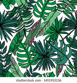 Seamless vector repeat pattern with hand-drawn tropical jungle leaves