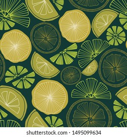 seamless vector repeat pattern of hand-drawn citrus motifs in a striking color palette