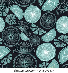 seamless vector repeat pattern of hand-drawn citrus motifs in a striking color palette