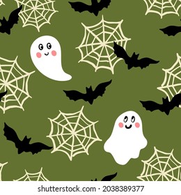 Seamless vector repeat pattern with happy ghosts, bats and spider webs on trendy olive green background. Cute sophisticated Halloween character backdrop. Trendforward modern Halloween design.