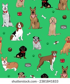 Seamless vector repeat pattern with happy dogs of various breeds and pedigree in natural dog colors on green background, surrounded by dog toys and bowls. Golden retriever, corgi, dachshund, pug