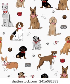 Seamless vector repeat pattern with happy dogs of various breeds and pedigree in natural dog colors on white background, surrounded by dog toys and bowls. Golden retriever, corgi, dachshund, pug