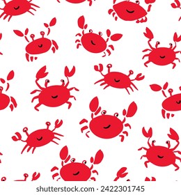 Seamless vector repeat pattern with happy crabs with cute faces on white background. Coastal, swim, poolside, crab seafood restaurant backdrop
