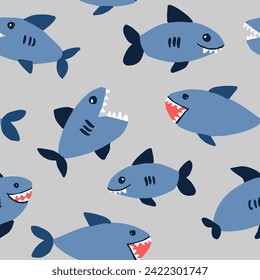 Seamless vector repeat pattern with happy sharks with big teeth on gray background. Coastal, swim, poolside, kids, boys backdrop. Funny socks, young men's underwear and more