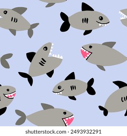 Seamless vector repeat pattern with happy sharks with big teeth on light purple blue background. Coastal, swim, poolside, kids, boys backdrop. Funny socks, young men's underwear and more