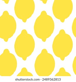 Seamless vector repeat pattern with juicy yellow lemons silhouette half drop on white background. Summer fruit, swim, poolside, beach themed design. Juice, food, cooking, cosmetic design projects.