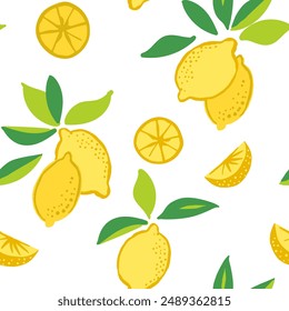 Seamless vector repeat pattern with juicy yellow lemons and green leaves tossed on white background. Summer fruit, swim, cosmetic, packaging design. Mediterranean and Italian food backdrop.