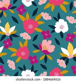 seamless vector repeat pattern with modern abstract floral elements in pink, white and purple on a blue background 