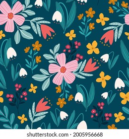 seamless vector repeat pattern with modern abstract flowers in a colourful palette on a blue background