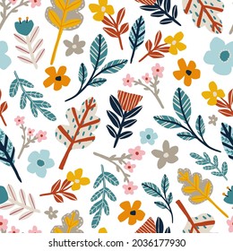 seamless vector repeat pattern with modern floral elements in blue, grey and yellow