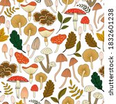 seamless vector repeat pattern, mushroom varieties/funghi and leaves in natural colours on a white background