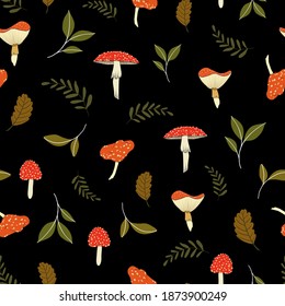 seamless vector repeat pattern with mushrooms and leaves in red and white on a black background in a ditsy arrangement