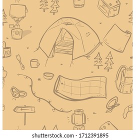 Seamless Vector Repeat Pattern of Outdoor Mountain Adventure Elements with a brown background.