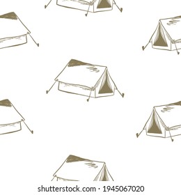Seamless Vector Repeat Pattern of Outdoor Tent Adventure Elements with a white background.