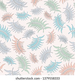 Seamless vector repeat pattern of pastel tropical leaves leaves. Tropical foliage surface pattern design background.