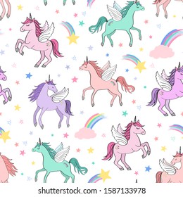 Seamless vector repeat pattern with pastel colors winged unicorns pegacorns flying in the sky with clouds surrounded by shooting stars. Kids and baby projects