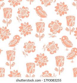 Seamless vector repeat pattern of peach birds and flowers on a white background. This decorative scalable design uses two colours for a muted, pretty backdrop great for nursery decor and kids apparel.