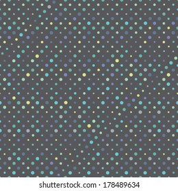 Seamless vector repeat pattern of polka dots of various sizes and shades of blues and greens on a gray base