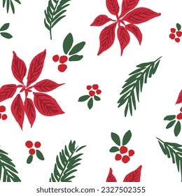 Nahtlose Vektorwiederholmuster mit roter Poinsettia, Beeren und grünen Ästen. Eleganter, floraler Hintergrund