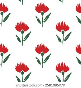 Seamless vector repeat pattern with red and green carnation flower half drop on white. Simple hand drawn botanical for gift wrap, fabric, packaging for Christmas, Valentines day, baking and more.