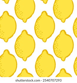 Seamless vector repeat pattern retro style with juicy yellow lemons half drop on white background. Summer fruit, swim, poolside, beach themed design. Juice, food, cooking, cosmetic design projects.