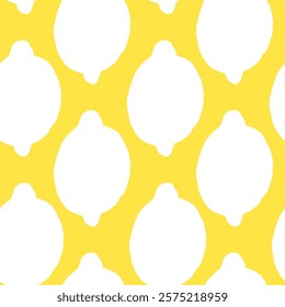 Seamless vector repeat pattern retro style with lemon silhouettes half drop on bright yellow background. Summer fruit, swim, poolside, beach designs. Juice, food, cooking, kitchen, cosmetic projects.