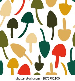 seamless vector repeat pattern, simple graphic mushroom shapes in green, teal, red, beige and yellow on a white background