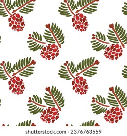 Seamless vector repeat pattern with simple green and brown pine cones tossed on white. Simple Christmas botanical background