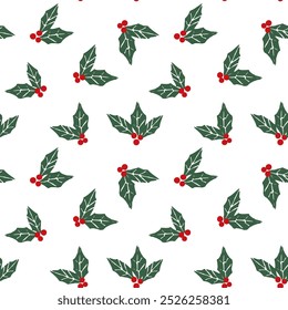 Seamless vector repeat pattern with simple ditsy green holly leaves and red berries on white. Simple Christmas botanical background