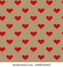 Seamless vector repeat pattern with small even symmetrical hand drawn doodle red hearts on kraft paper brown background. Simple rustic organic natural Valentines backdrop, packaging, wrapping paper