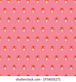 Seamless vector repeat pattern smiling cute mushroom fungi toadstool . Abstract simple mushrooms repeating background pink red. Surface pattern design for fabric, kids wear, children decor, baby .